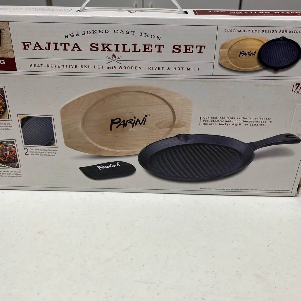 Parini Cast Iron Fajita Skillet Set Wood Trivet NWT